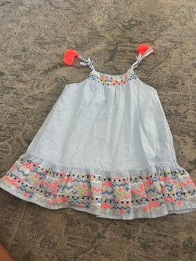 Rare Editions Light Blue Striped Sundress with Neon Pink Tassels